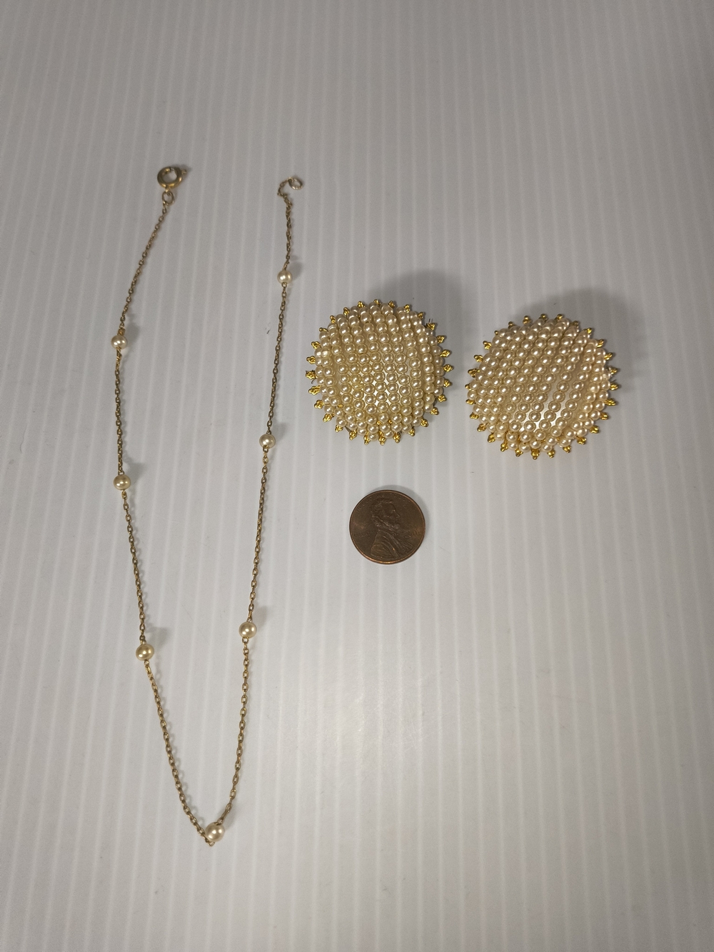 Gold-Tone Pearl Station Necklace and Round Textured Earrings Set